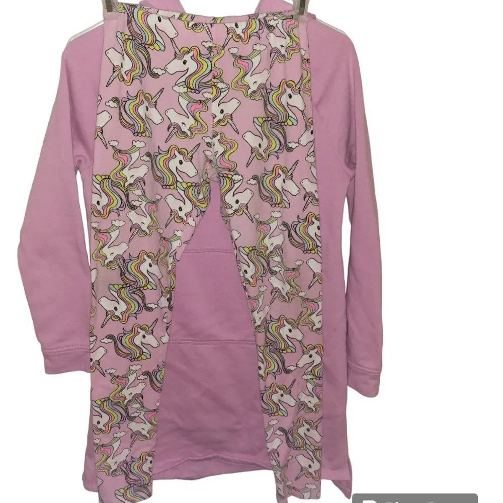 Fab kids Pink Hoodie Sweater dress with Unicorn leggings Sz XXL 14/16